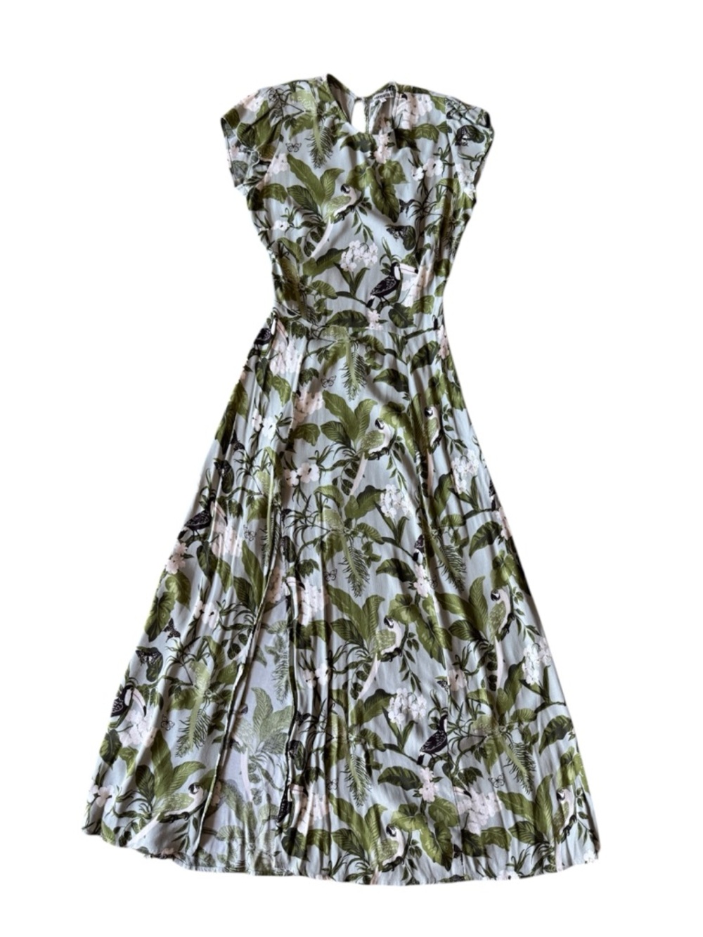Reformation Gavin Dress Tropical Green Slit Open Back Parrots Birds Butterflies - Picture 3 of 11